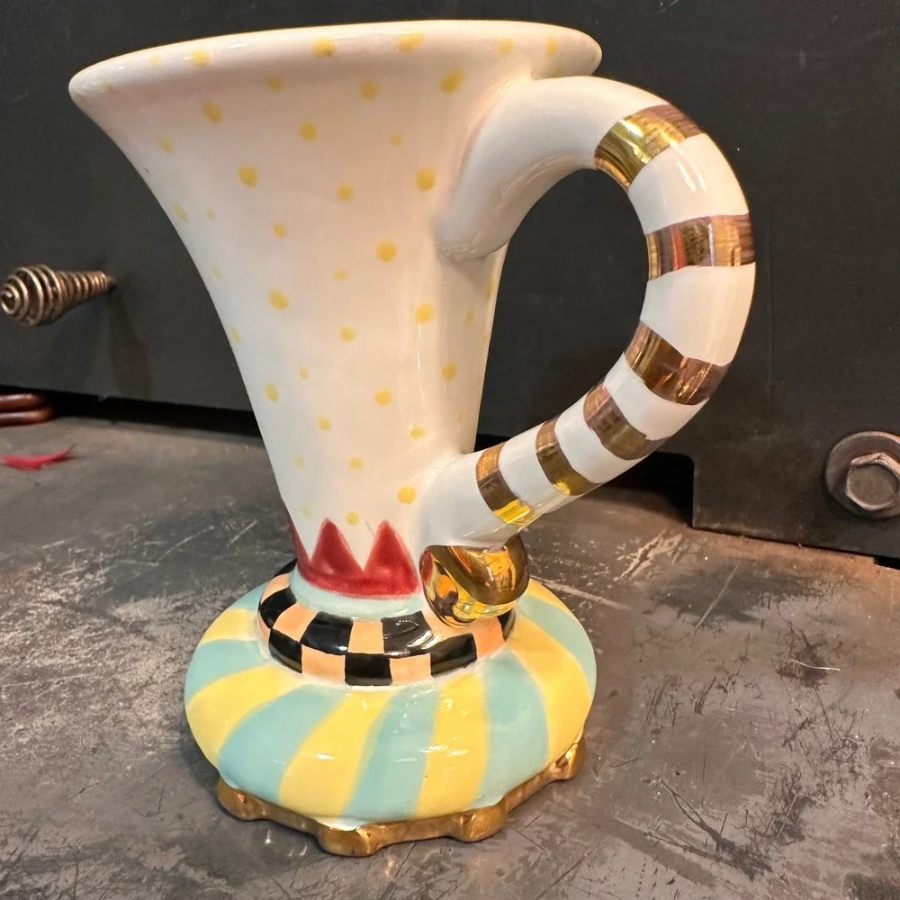 Whimsical Teapot Mug Set Harlequin Polka Dot Striped MacKenzie Childs Style Tea